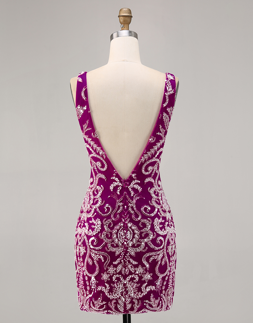 Sparkly Fuchsia Tight Short V-Neck Homecoming Dress with Beading