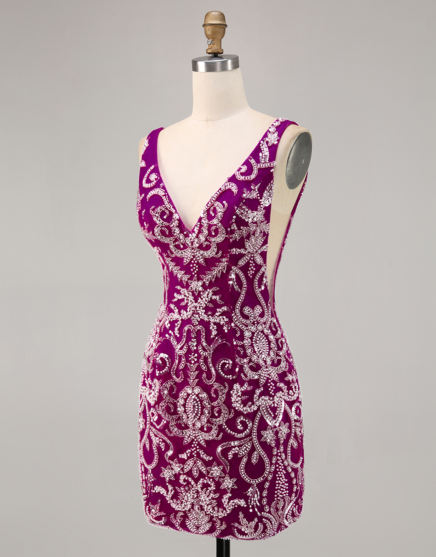 Sparkly Fuchsia Tight Short V-Neck Homecoming Dress with Beading
