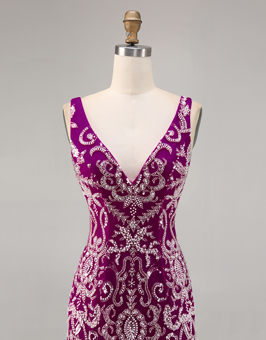 Sparkly Fuchsia Tight Short V-Neck Homecoming Dress with Beading