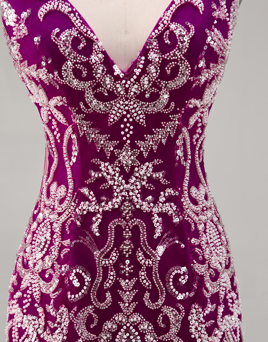 Sparkly Fuchsia Tight Short V-Neck Homecoming Dress with Beading