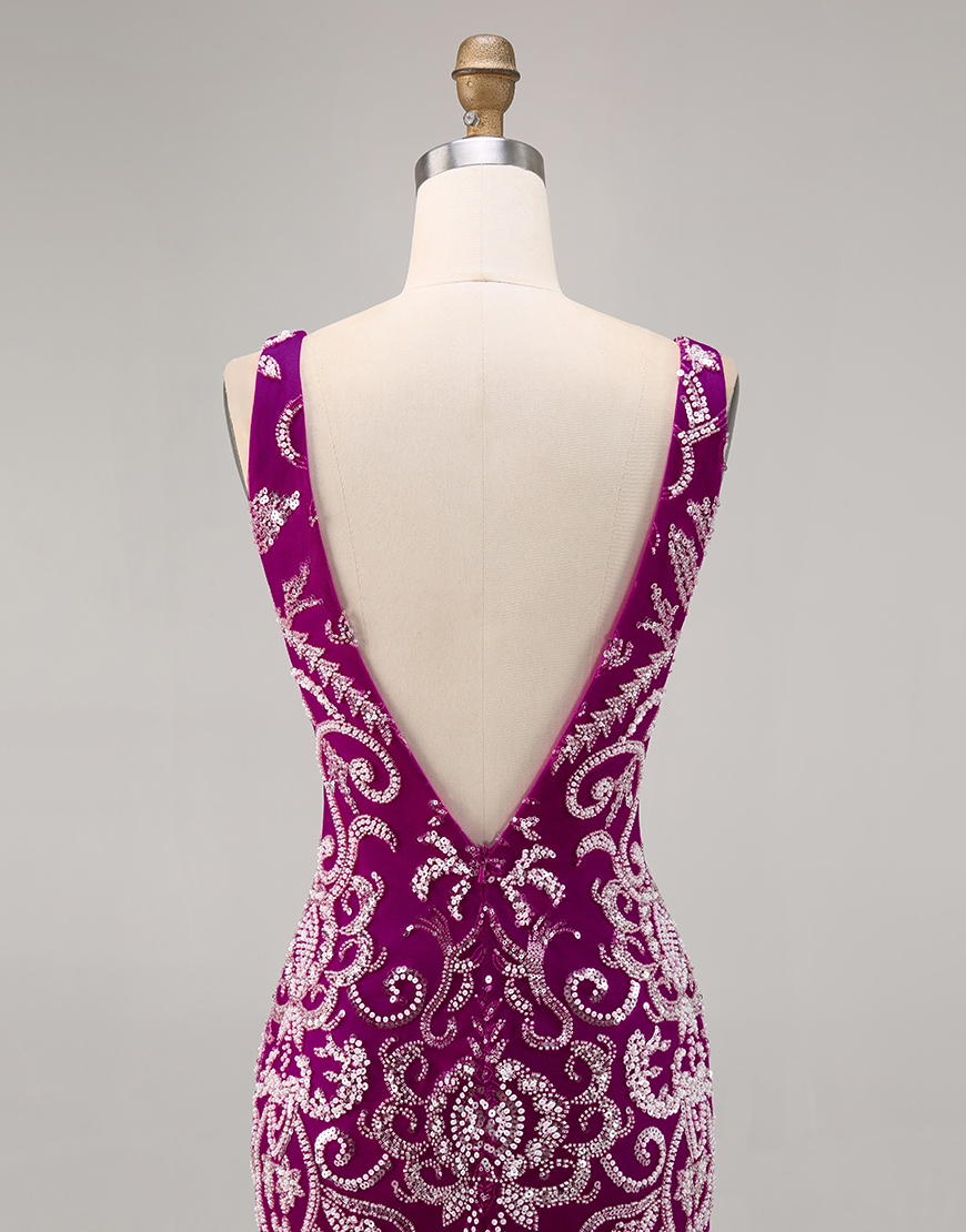 Sparkly Fuchsia Tight Short V-Neck Homecoming Dress with Beading