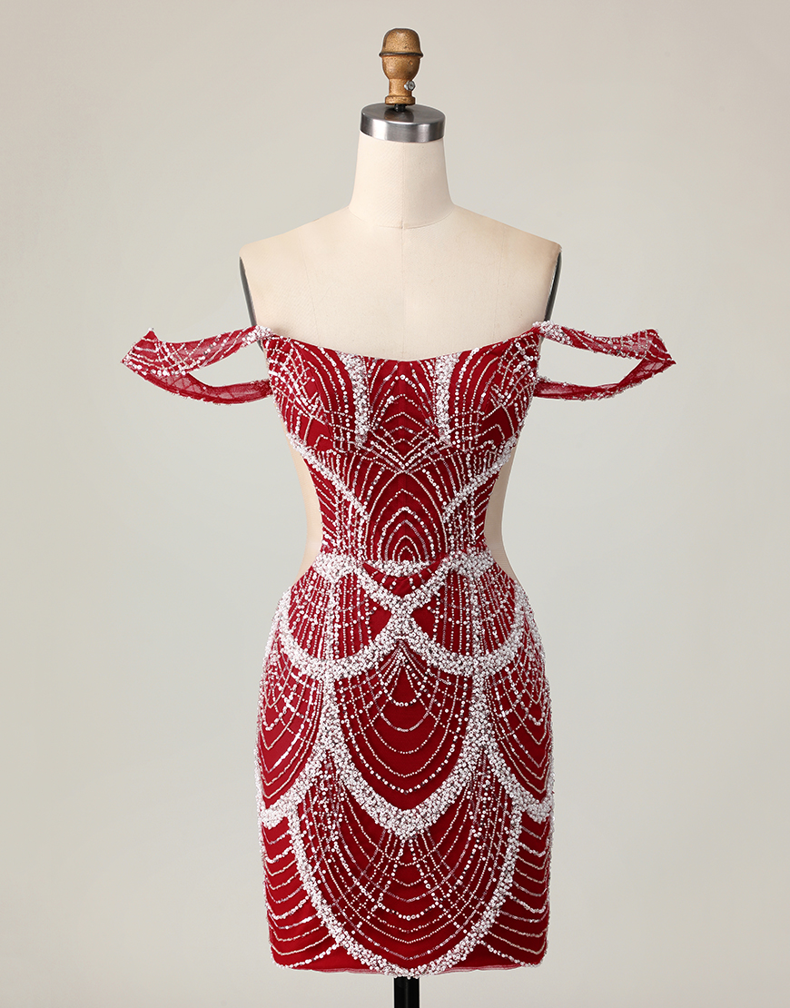 Sparkly Red Tight Short Off the Shoulder Homecoming Dress with Beading