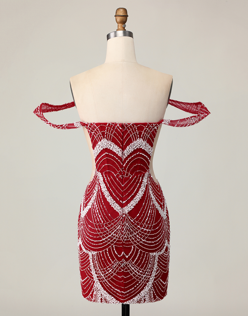 Sparkly Red Tight Short Off the Shoulder Homecoming Dress with Beading