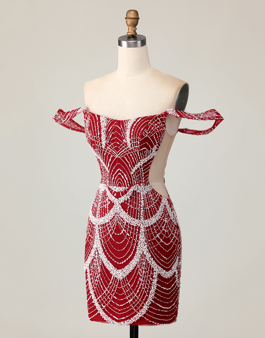 Sparkly Red Tight Short Off the Shoulder Homecoming Dress with Beading