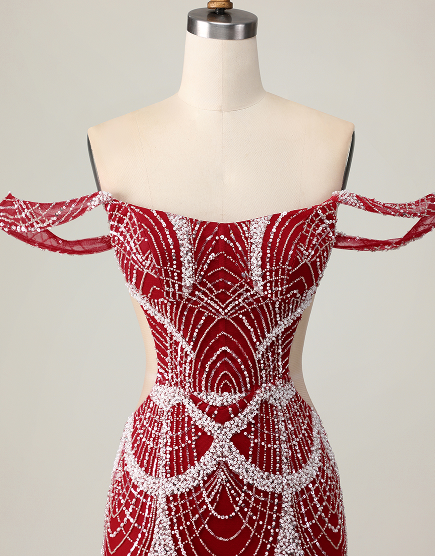 Sparkly Red Tight Short Off the Shoulder Homecoming Dress with Beading