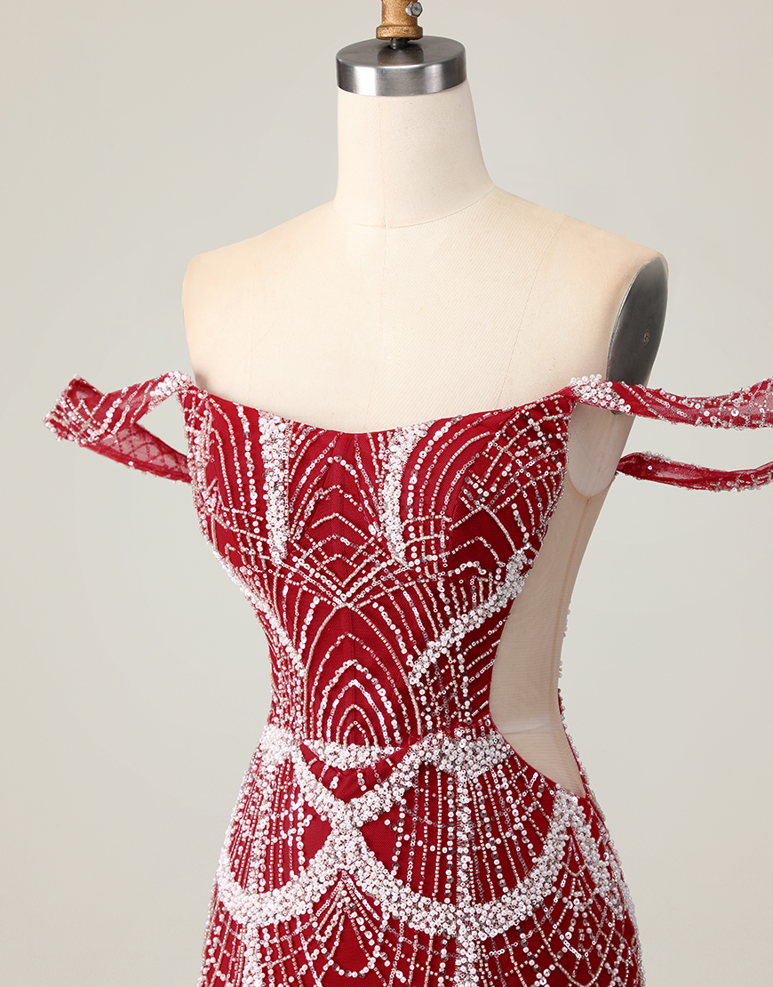 Sparkly Red Tight Short Off the Shoulder Homecoming Dress with Beading