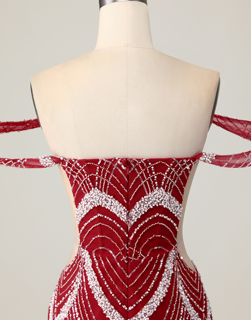 Sparkly Red Tight Short Off the Shoulder Homecoming Dress with Beading