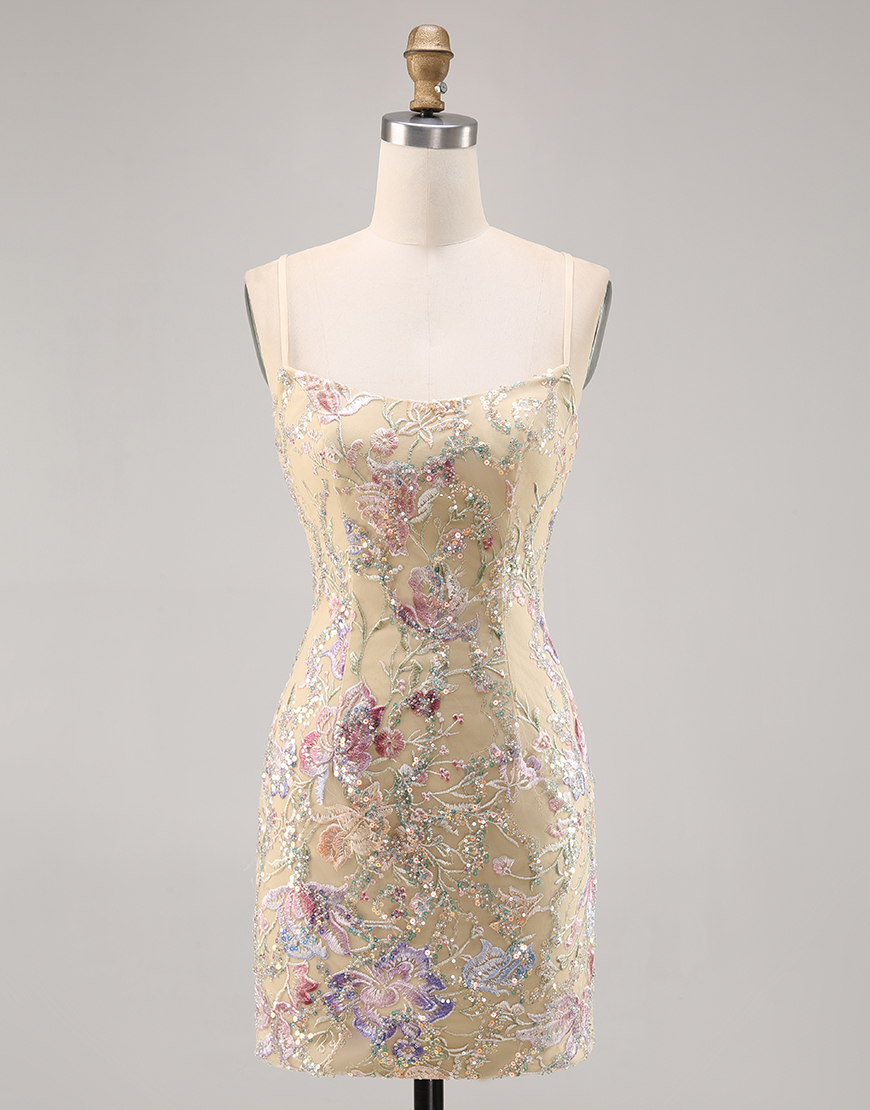 Apricot Floral Spaghetti Straps Tight Embroidered Homecoming Dress