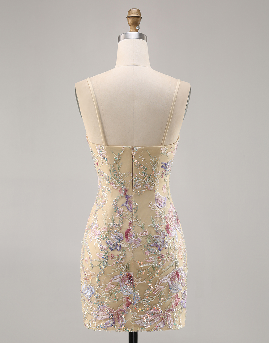 Apricot Floral Spaghetti Straps Tight Embroidered Homecoming Dress