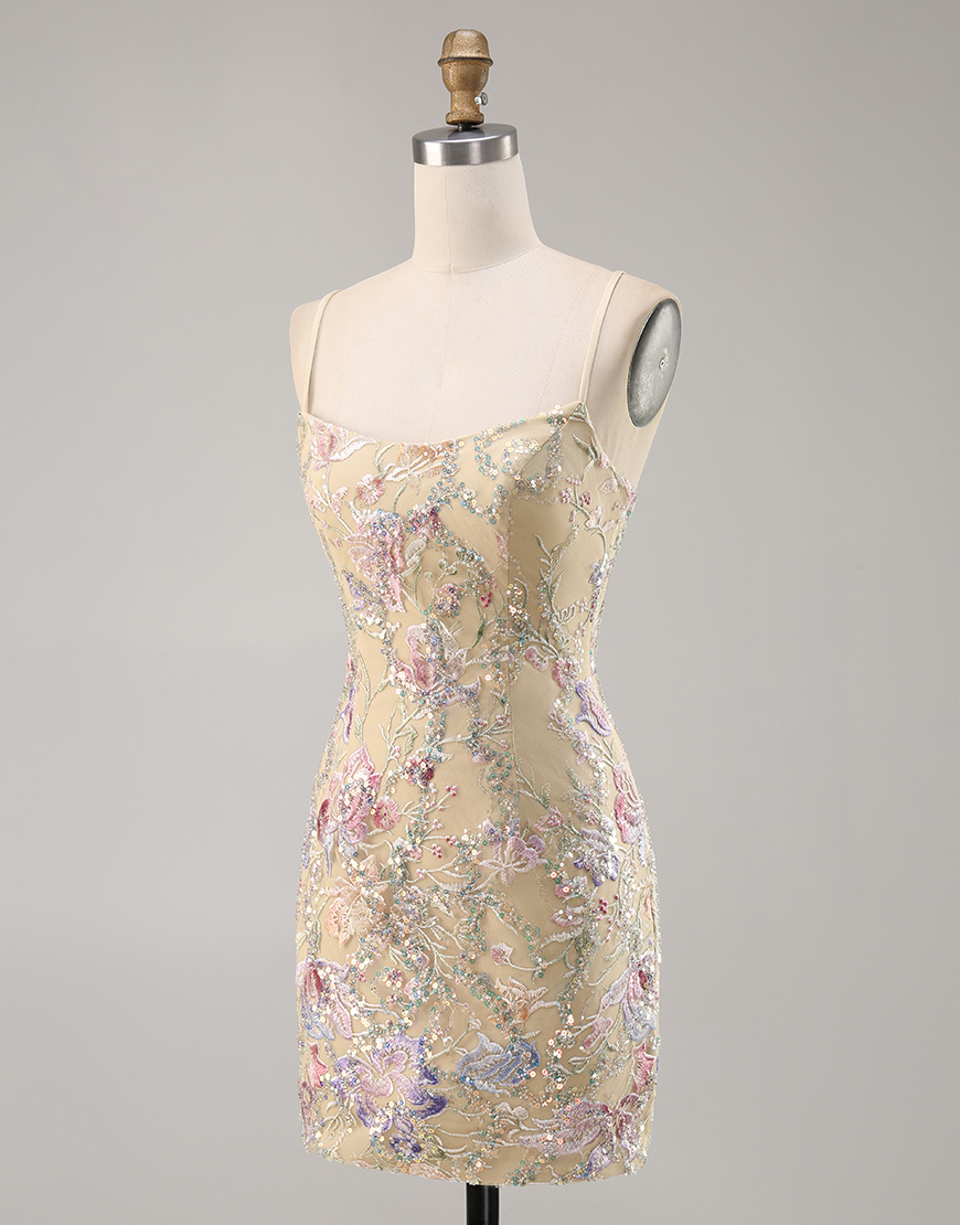 Apricot Floral Spaghetti Straps Tight Embroidered Homecoming Dress