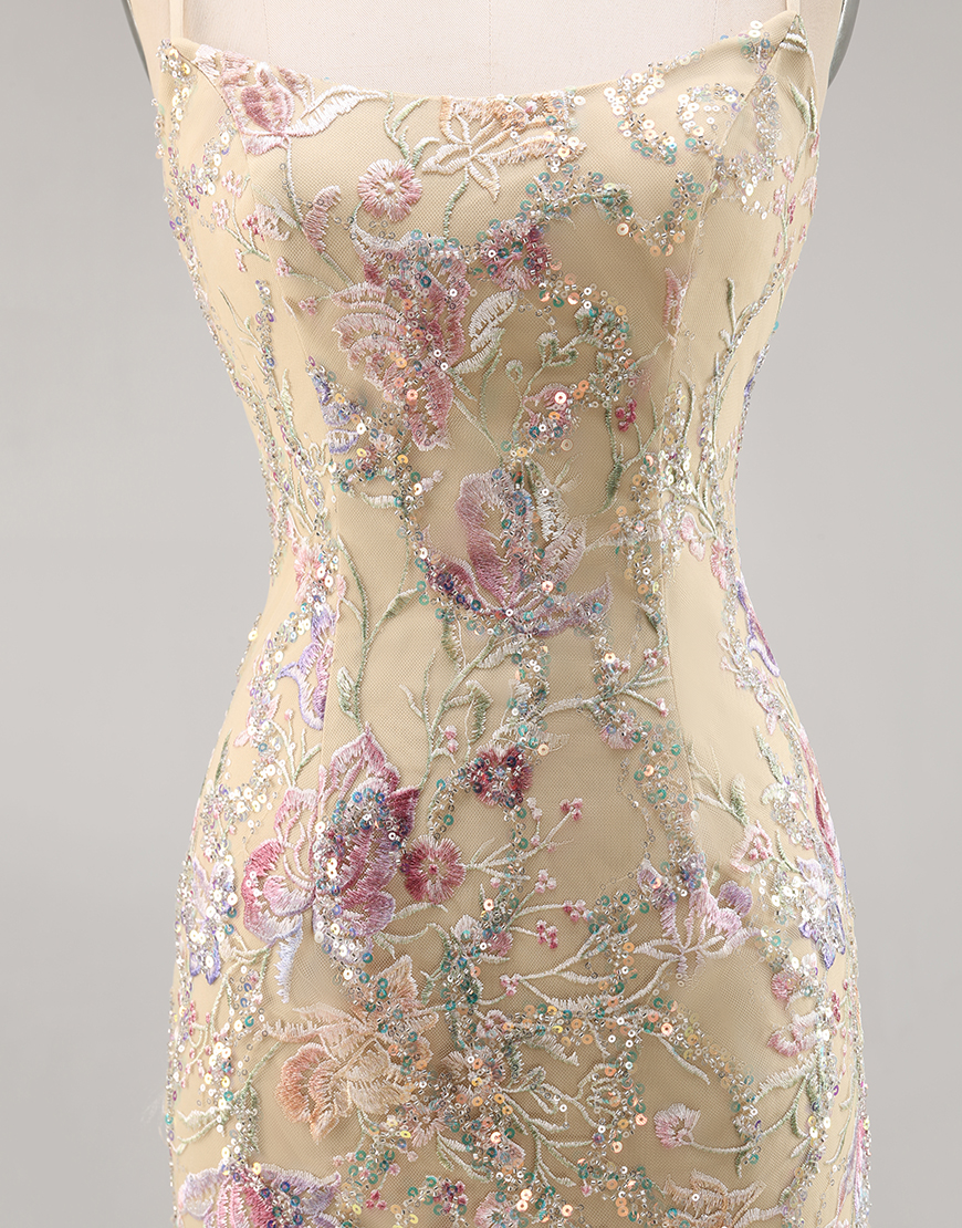 Apricot Floral Spaghetti Straps Tight Embroidered Homecoming Dress