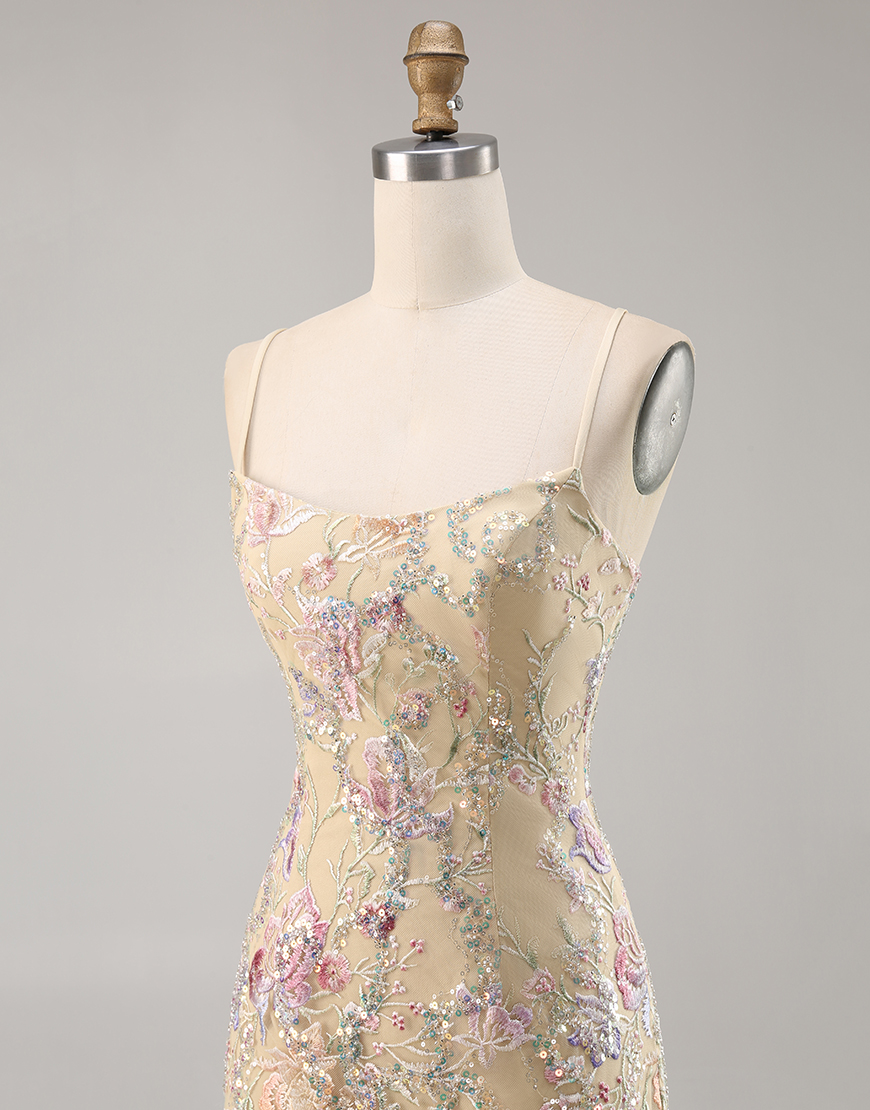 Apricot Floral Spaghetti Straps Tight Embroidered Homecoming Dress
