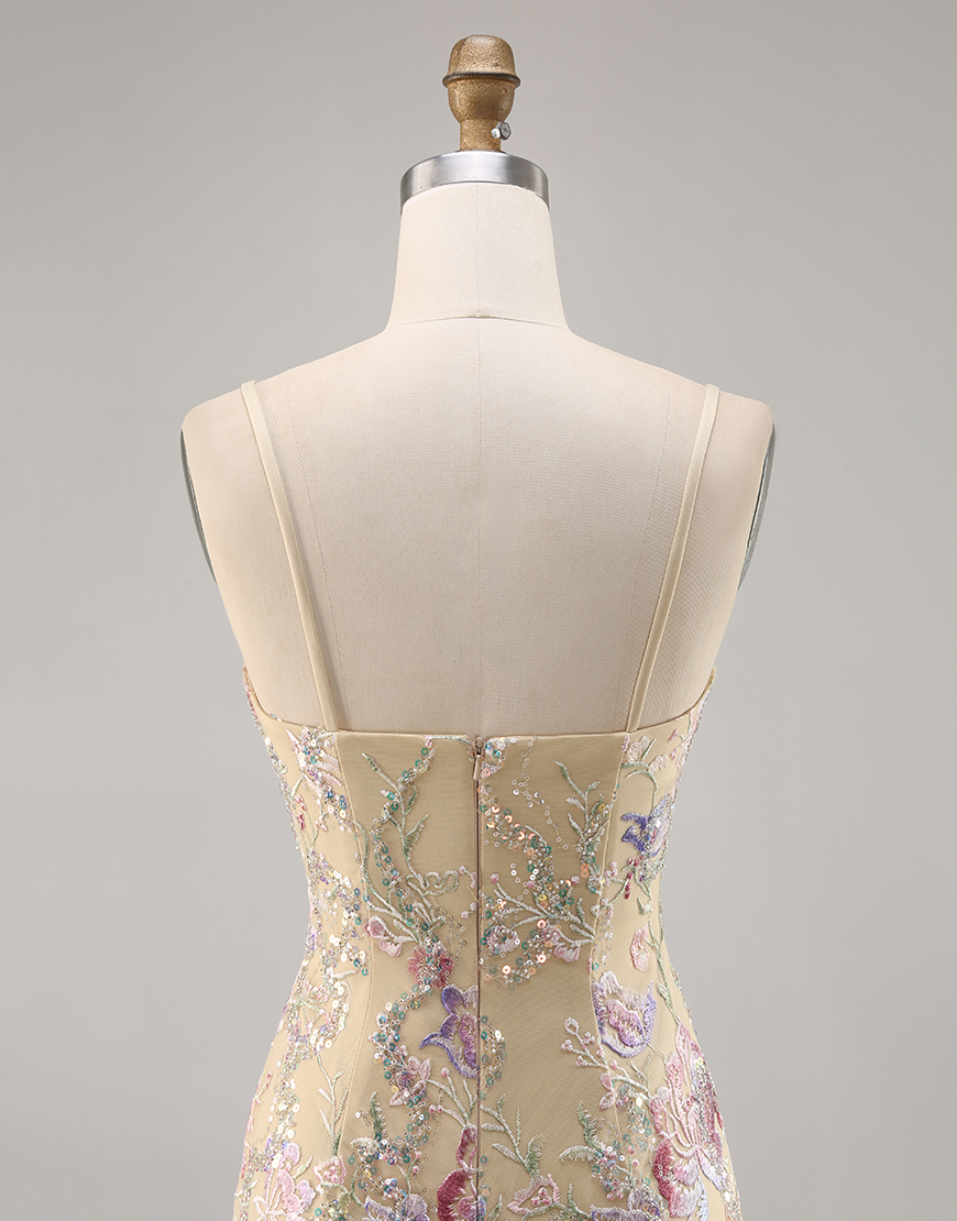 Apricot Floral Spaghetti Straps Tight Embroidered Homecoming Dress