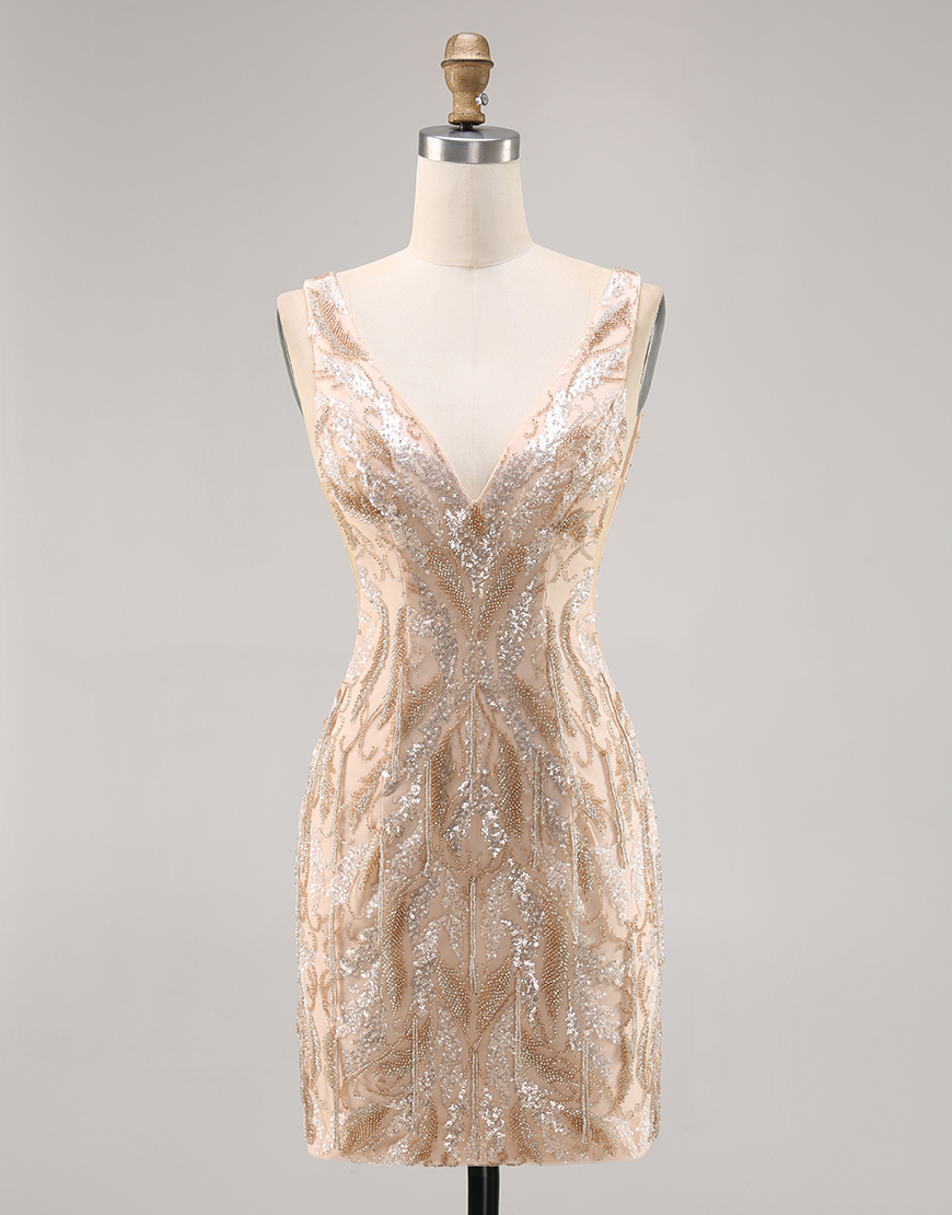 Sparkly Champagne Sequin Short Tight V-Neck Homecoming Dress