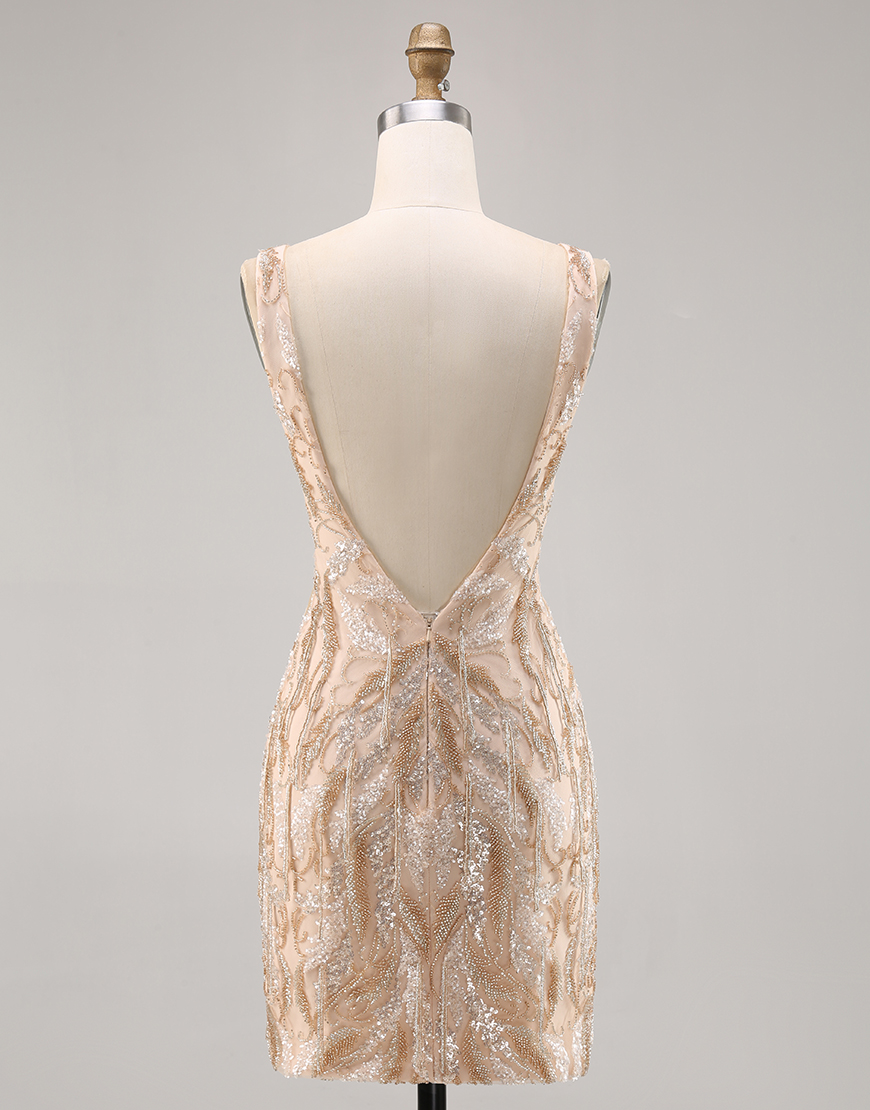 Sparkly Champagne Sequin Short Tight V-Neck Homecoming Dress