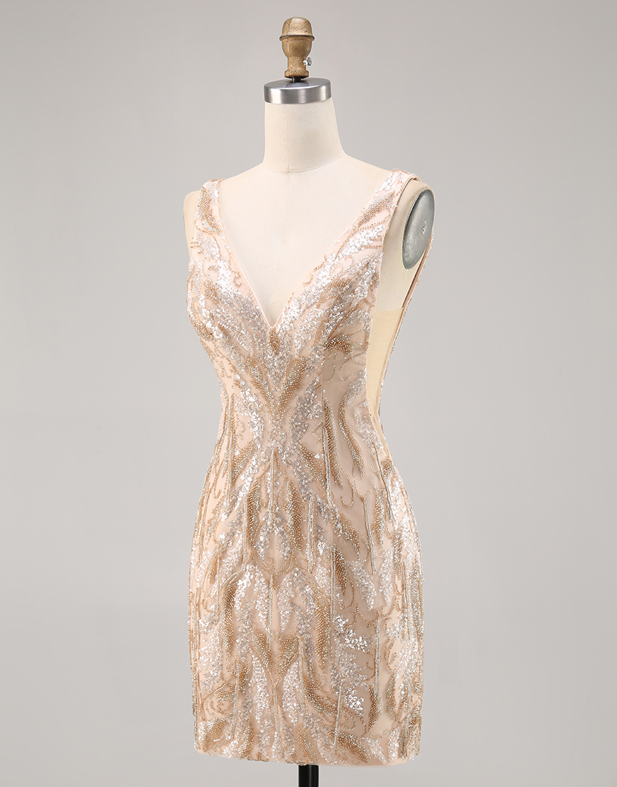 Sparkly Champagne Sequin Short Tight V-Neck Homecoming Dress