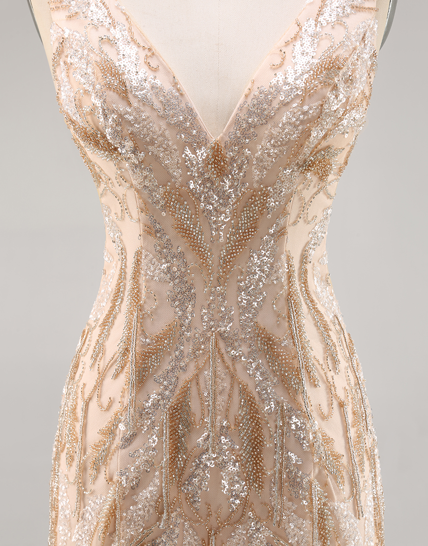 Sparkly Champagne Sequin Short Tight V-Neck Homecoming Dress