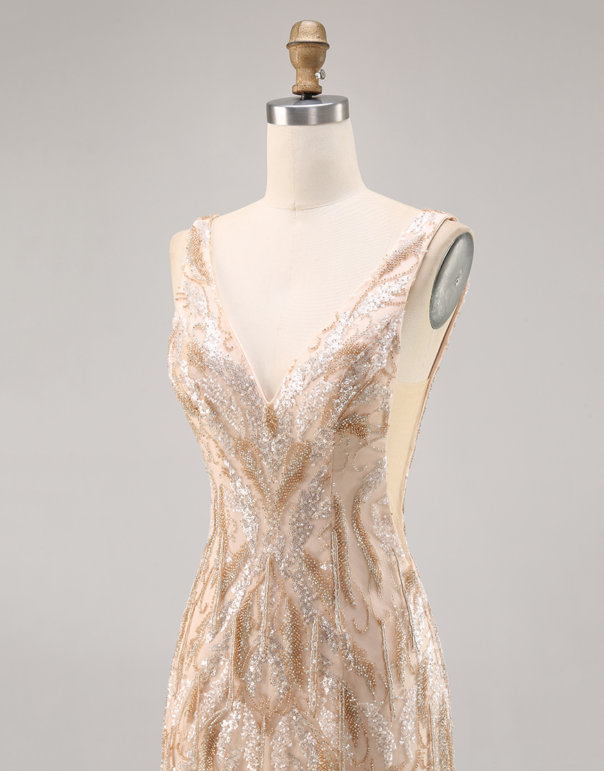 Sparkly Champagne Sequin Short Tight V-Neck Homecoming Dress