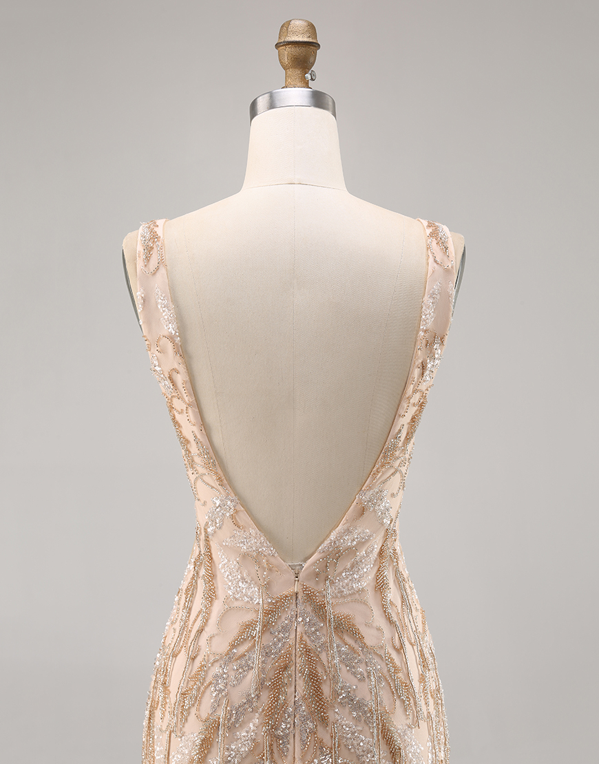 Sparkly Champagne Sequin Short Tight V-Neck Homecoming Dress