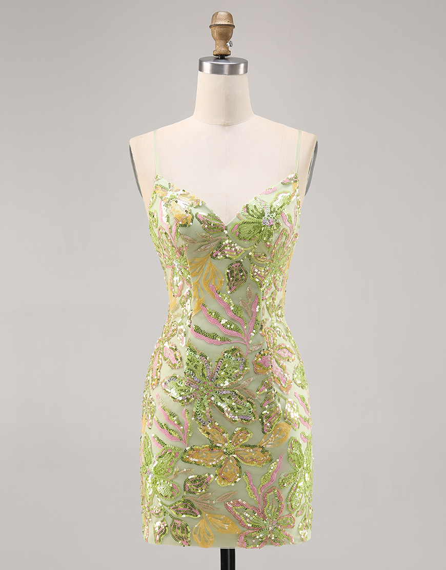 Sparkly Green Short Floral Tight Sequin Spaghetti Straps Homecoming Dress