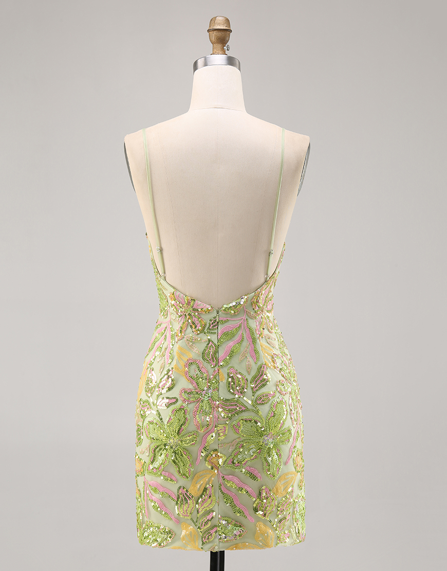 Sparkly Green Short Floral Tight Sequin Spaghetti Straps Homecoming Dress