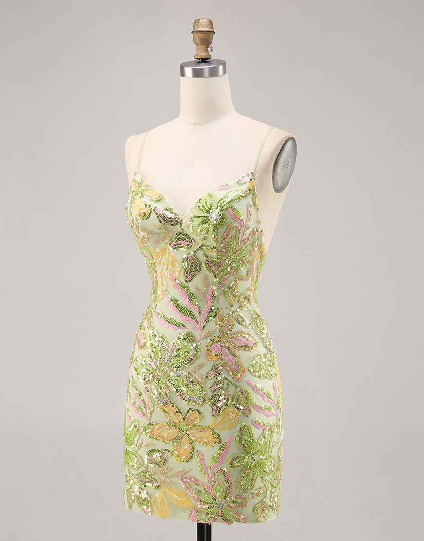 Sparkly Green Short Floral Tight Sequin Spaghetti Straps Homecoming Dress