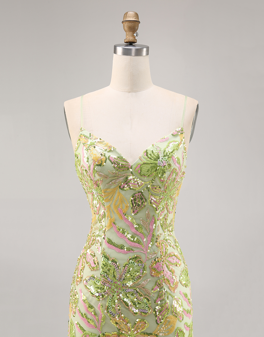 Sparkly Green Short Floral Tight Sequin Spaghetti Straps Homecoming Dress