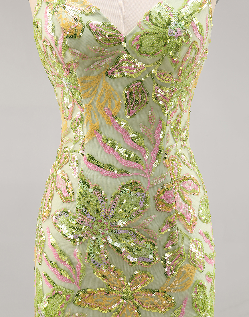 Sparkly Green Short Floral Tight Sequin Spaghetti Straps Homecoming Dress
