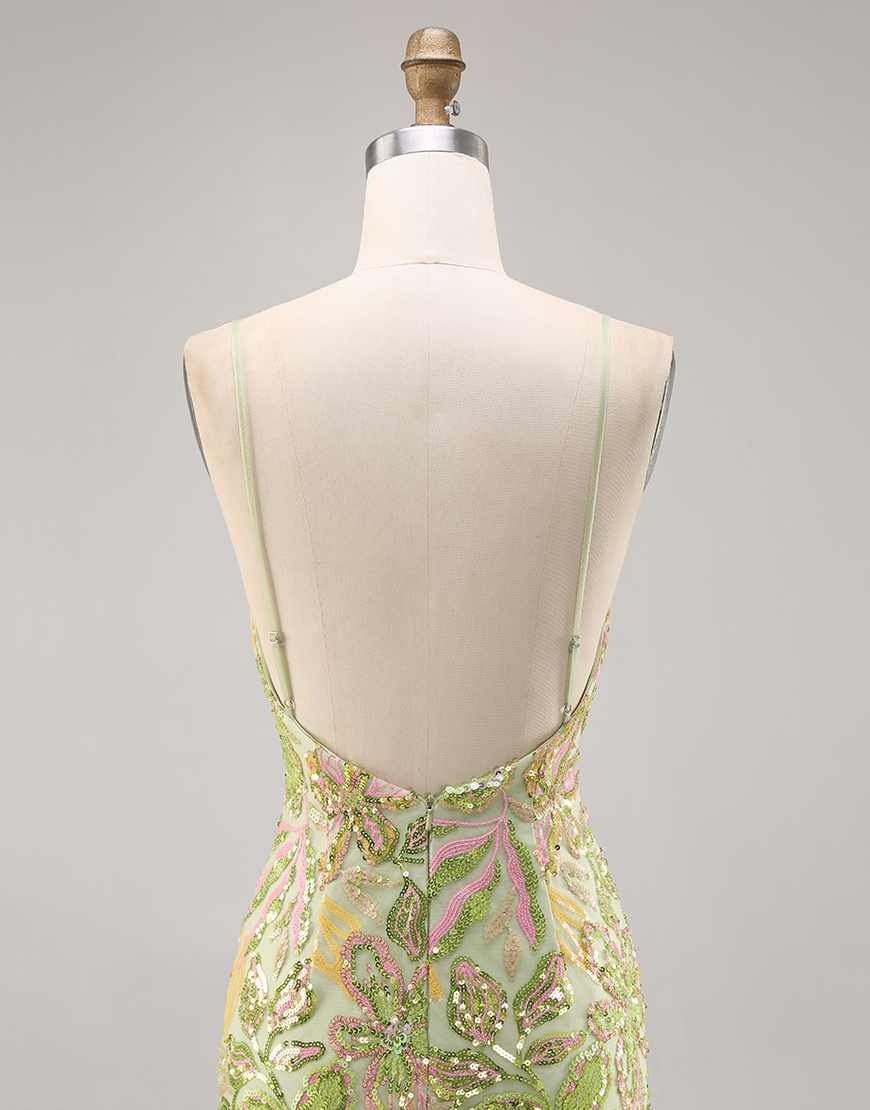 Sparkly Green Short Floral Tight Sequin Spaghetti Straps Homecoming Dress