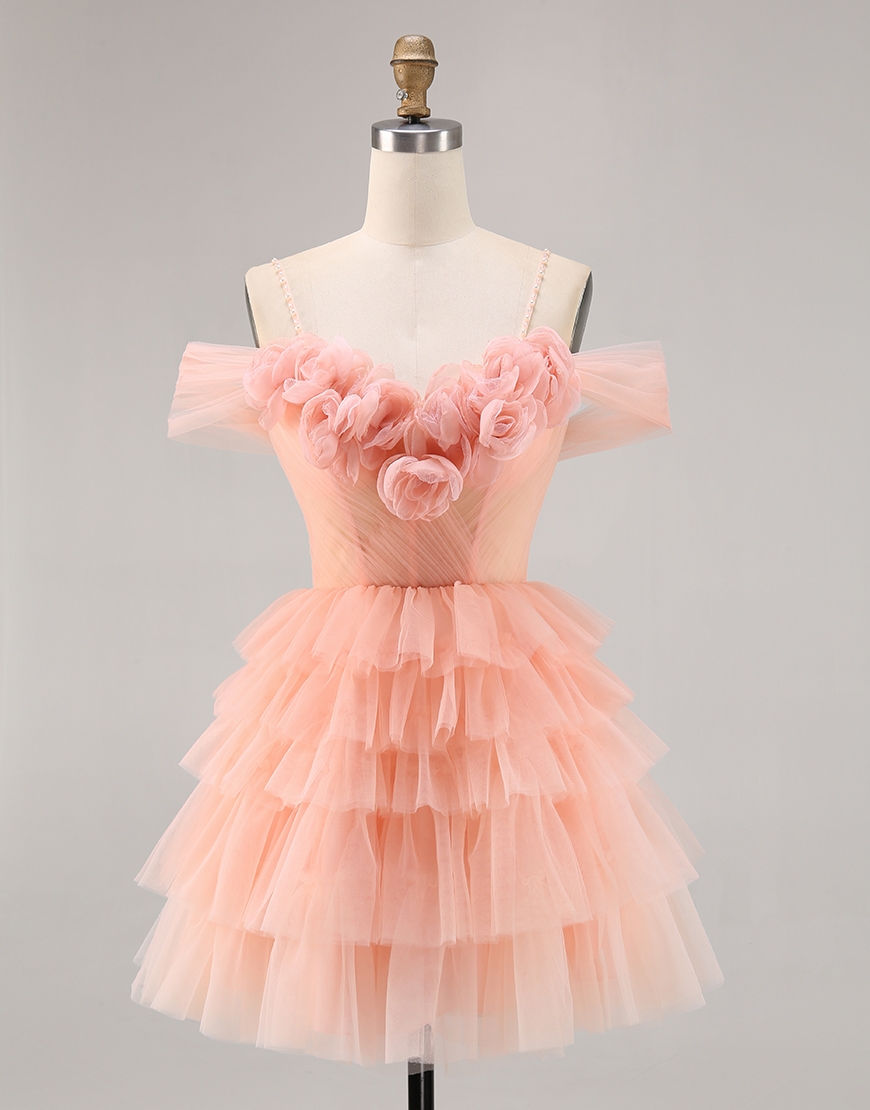 Blush Floral Cold Shoulder A Line Short Tulle Homecoming Dress with Ruffles