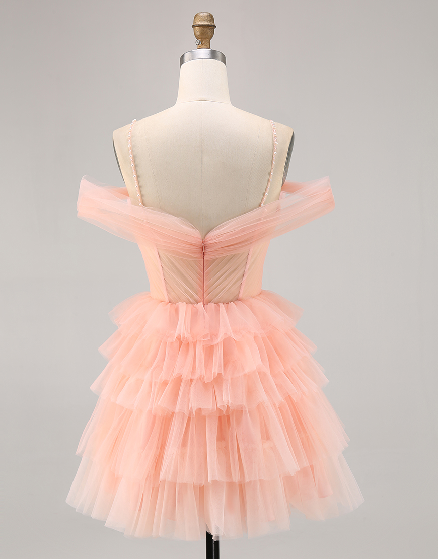 Blush Floral Cold Shoulder A Line Short Tulle Homecoming Dress with Ruffles