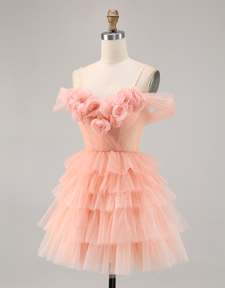 Blush Floral Cold Shoulder A Line Short Tulle Homecoming Dress with Ruffles