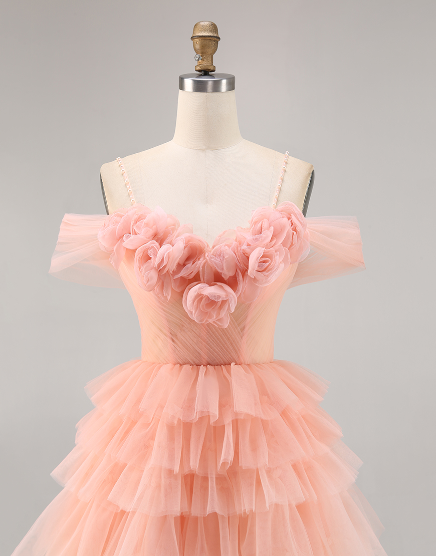 Blush Floral Cold Shoulder A Line Short Tulle Homecoming Dress with Ruffles