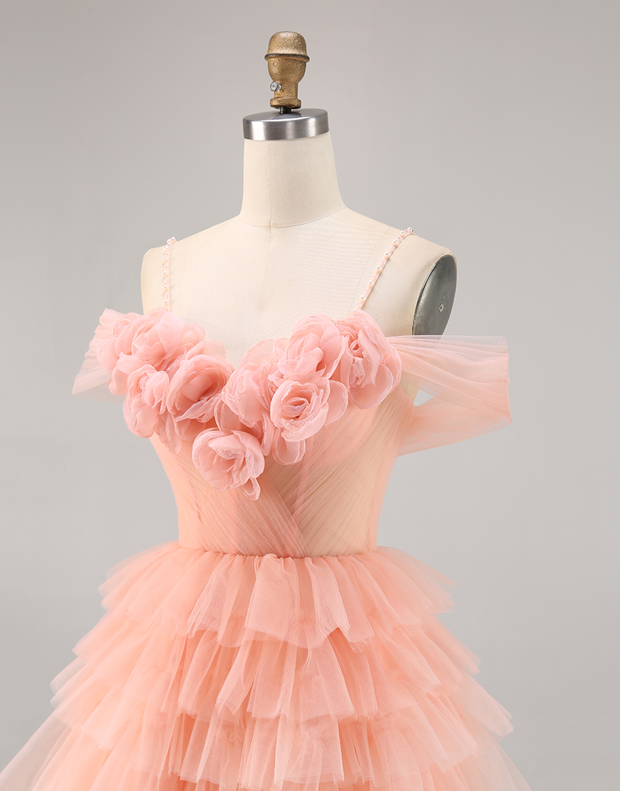 Blush Floral Cold Shoulder A Line Short Tulle Homecoming Dress with Ruffles