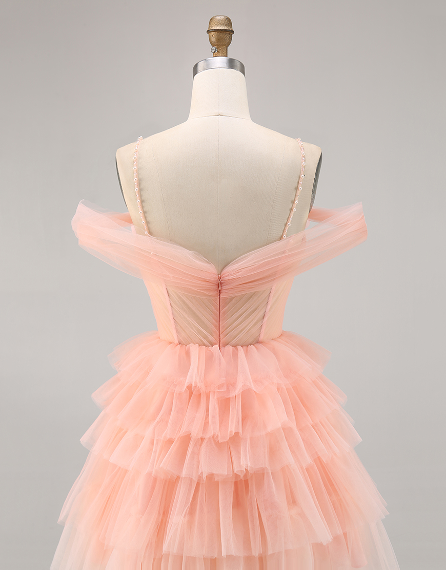 Blush Floral Cold Shoulder A Line Short Tulle Homecoming Dress with Ruffles