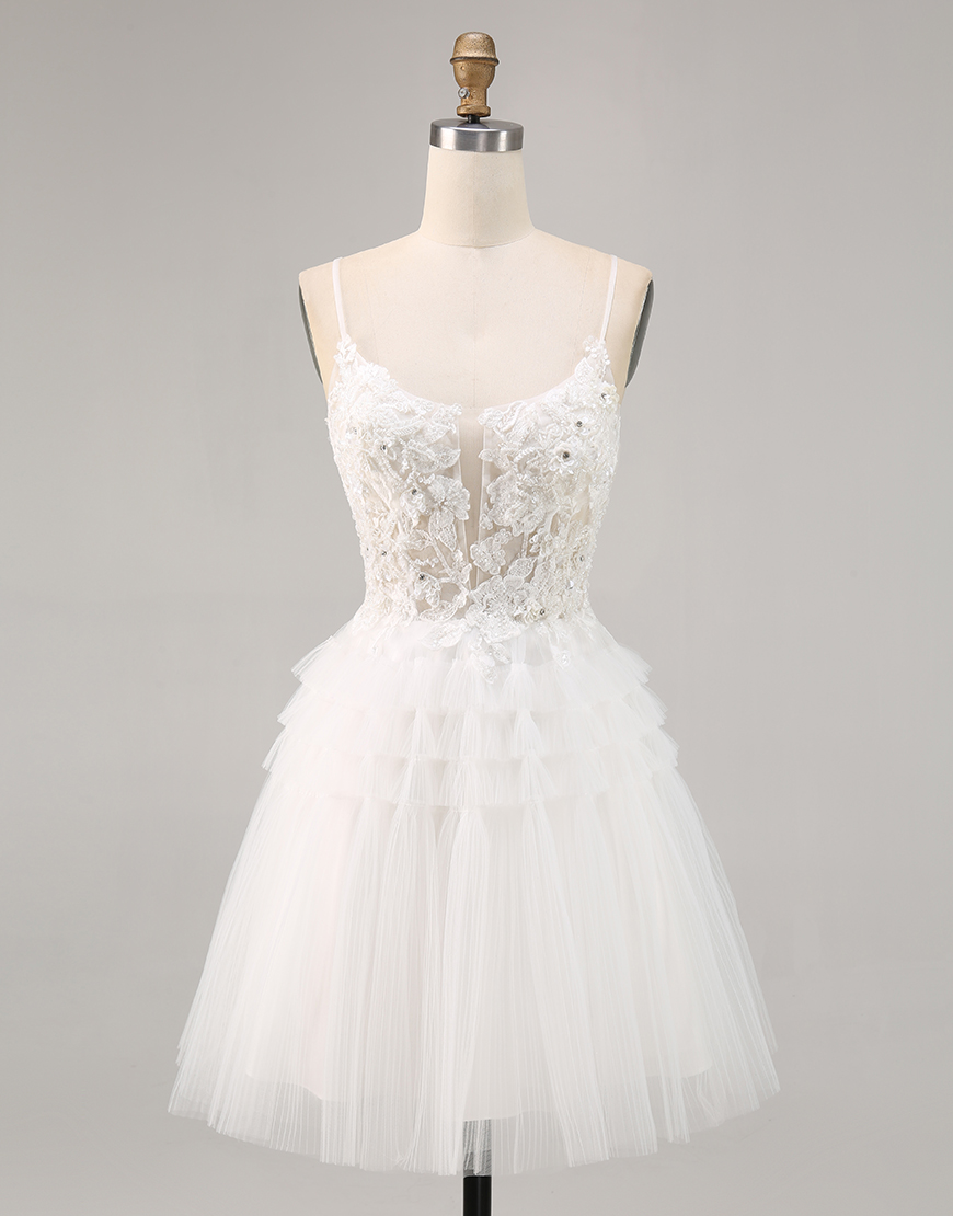 White A Line Tulle Short Ruffled Homecoming Dress with Appliques