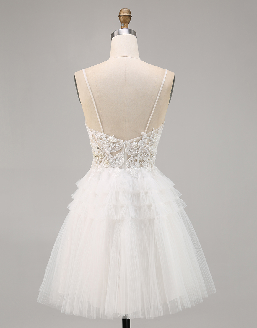 White A Line Tulle Short Ruffled Homecoming Dress with Appliques