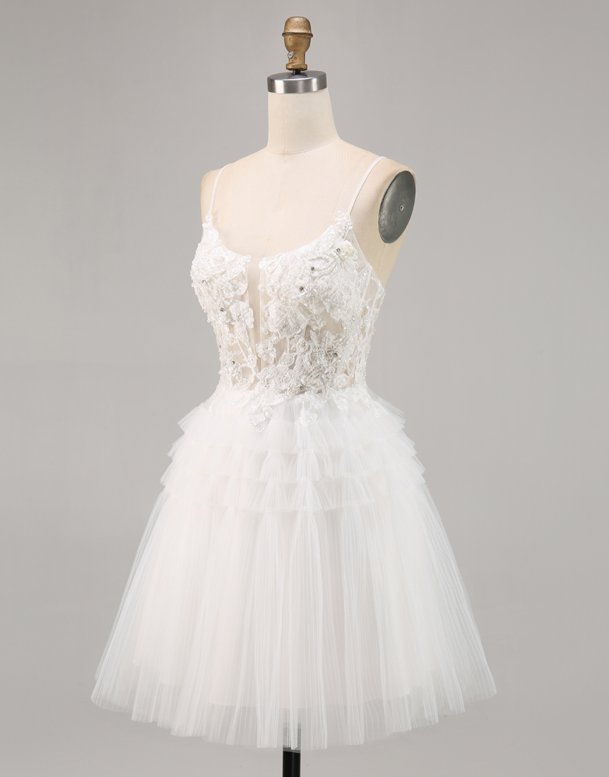 White A Line Tulle Short Ruffled Homecoming Dress with Appliques