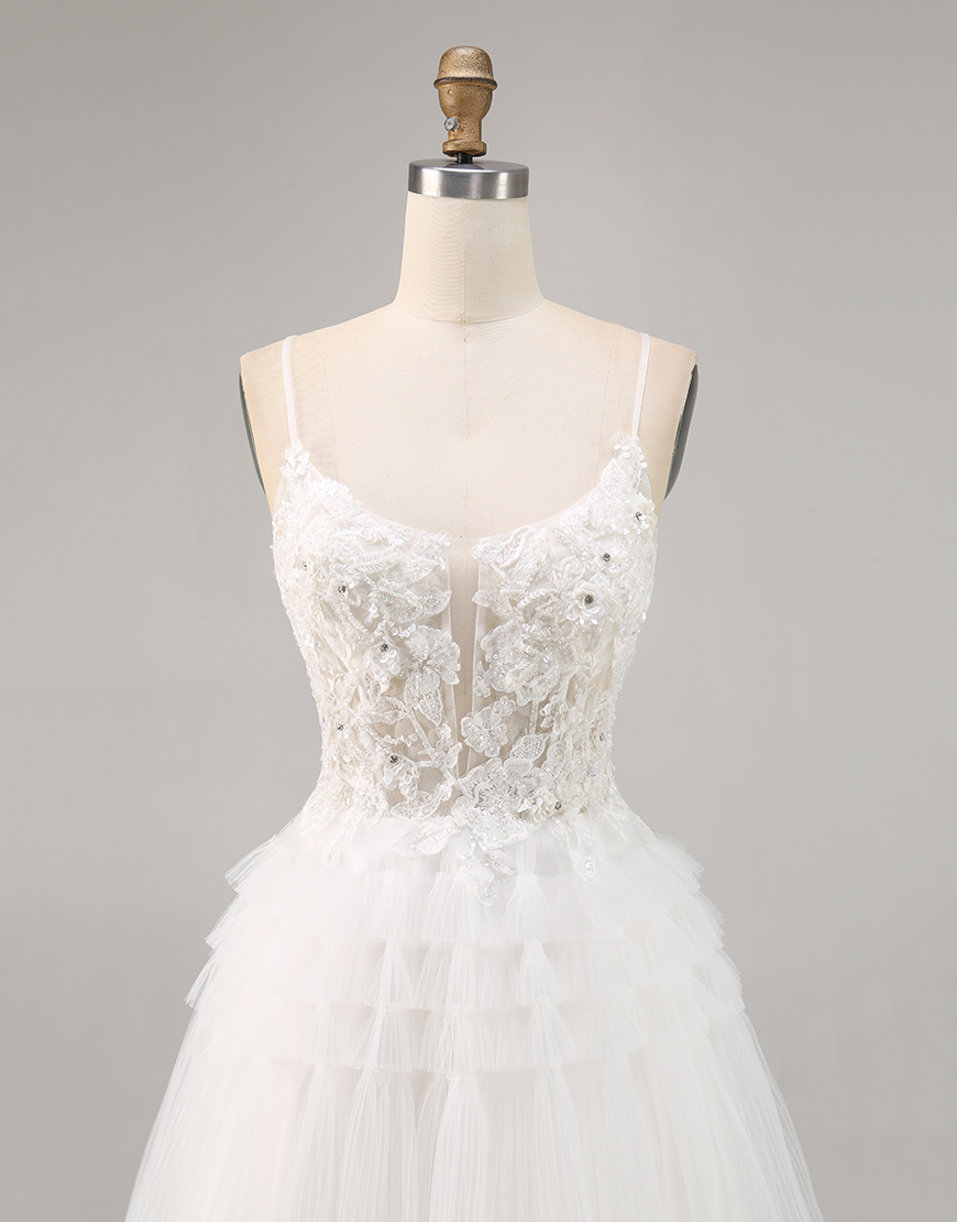 White A Line Tulle Short Ruffled Homecoming Dress with Appliques