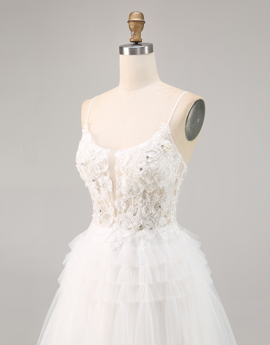 White A Line Tulle Short Ruffled Homecoming Dress with Appliques
