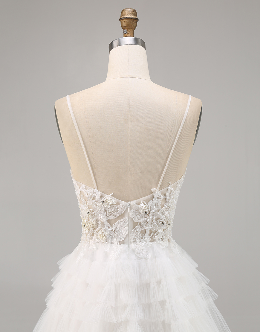 White A Line Tulle Short Ruffled Homecoming Dress with Appliques