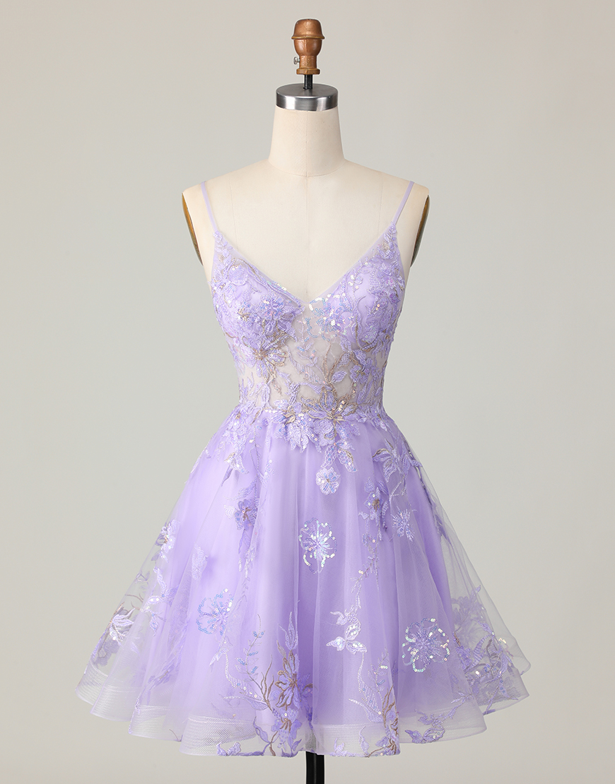 Sparkly Purple Tulle A Line Short Floral Homecoming Dress with Lace