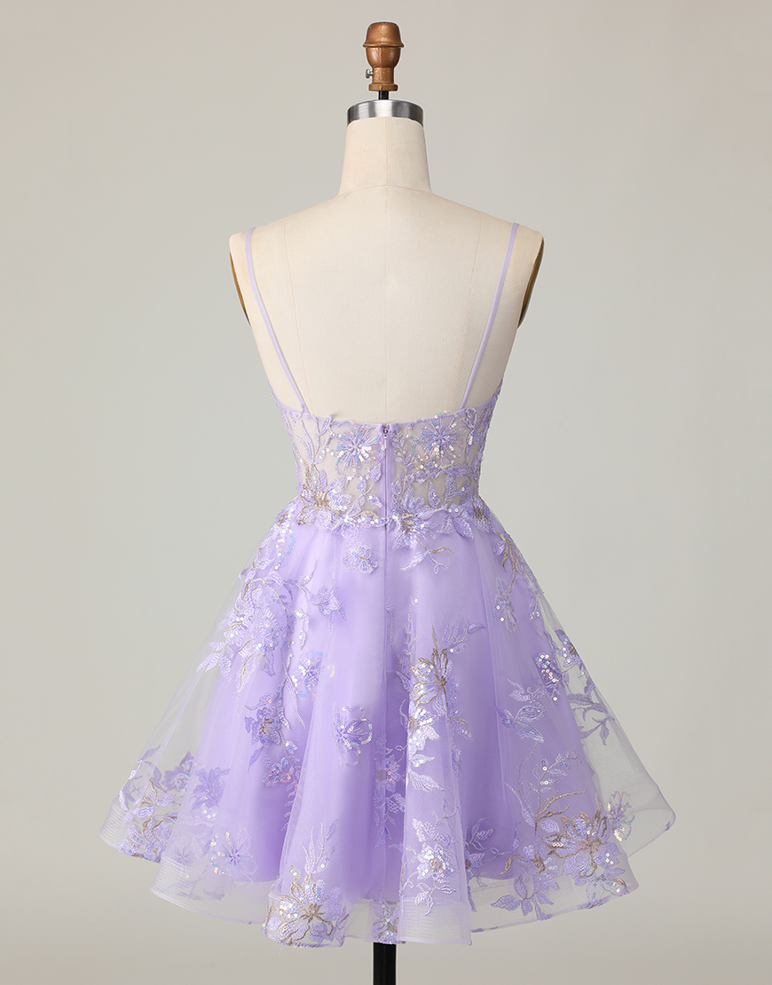 Sparkly Purple Tulle A Line Short Floral Homecoming Dress with Lace