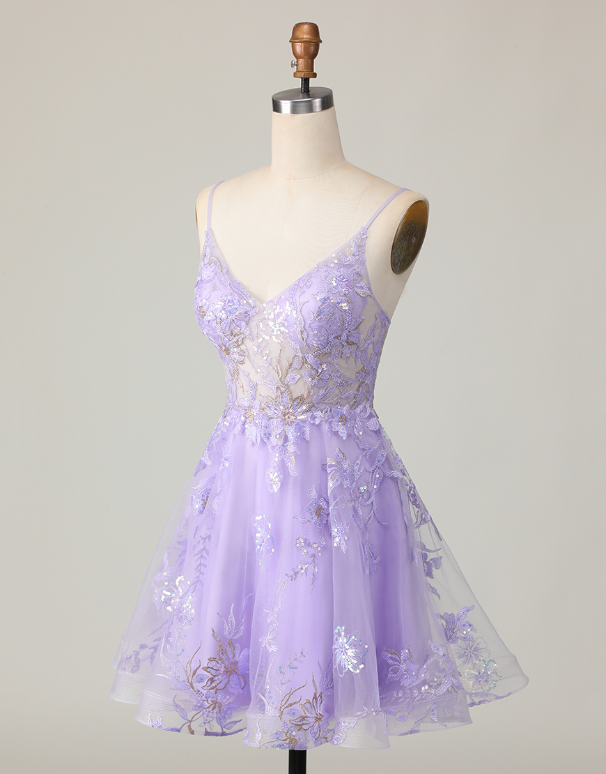 Sparkly Purple Tulle A Line Short Floral Homecoming Dress with Lace