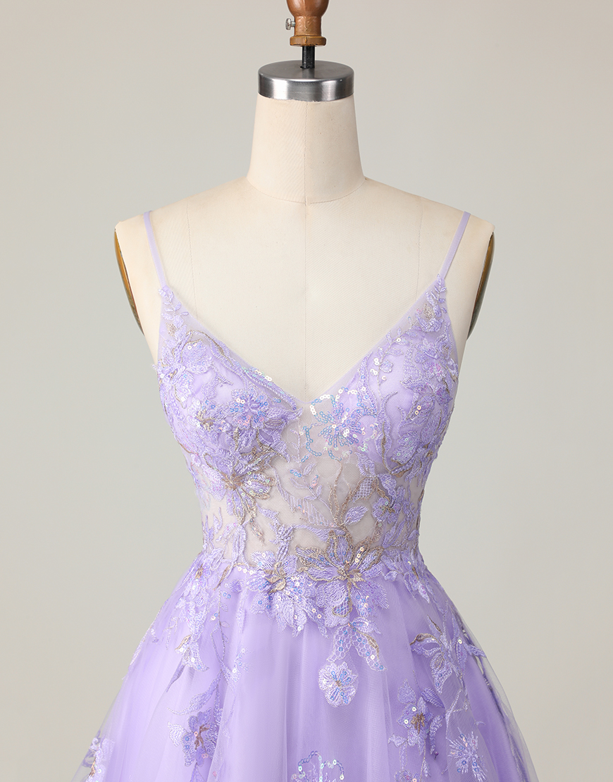Sparkly Purple Tulle A Line Short Floral Homecoming Dress with Lace
