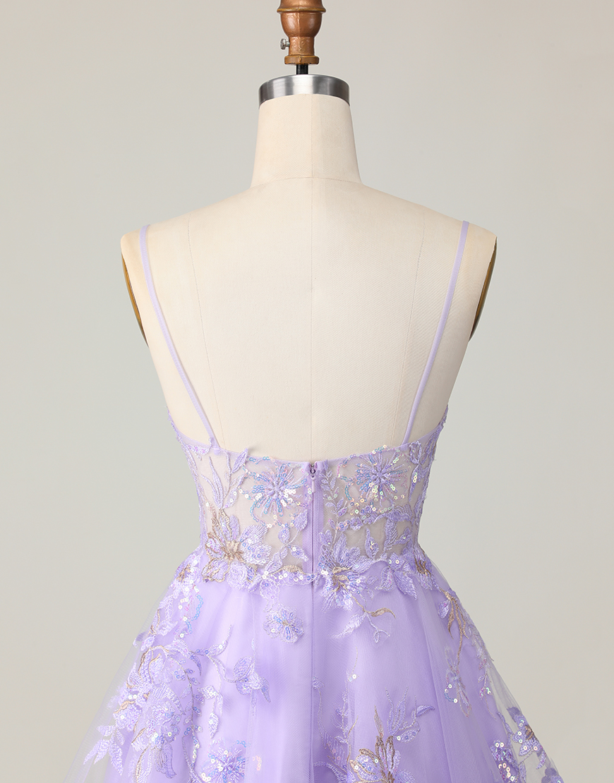 Sparkly Purple Tulle A Line Short Floral Homecoming Dress with Lace