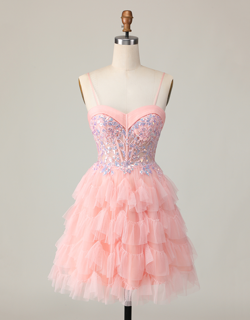 Pink Corset A Line Short Homecoming Dress with Ruffles