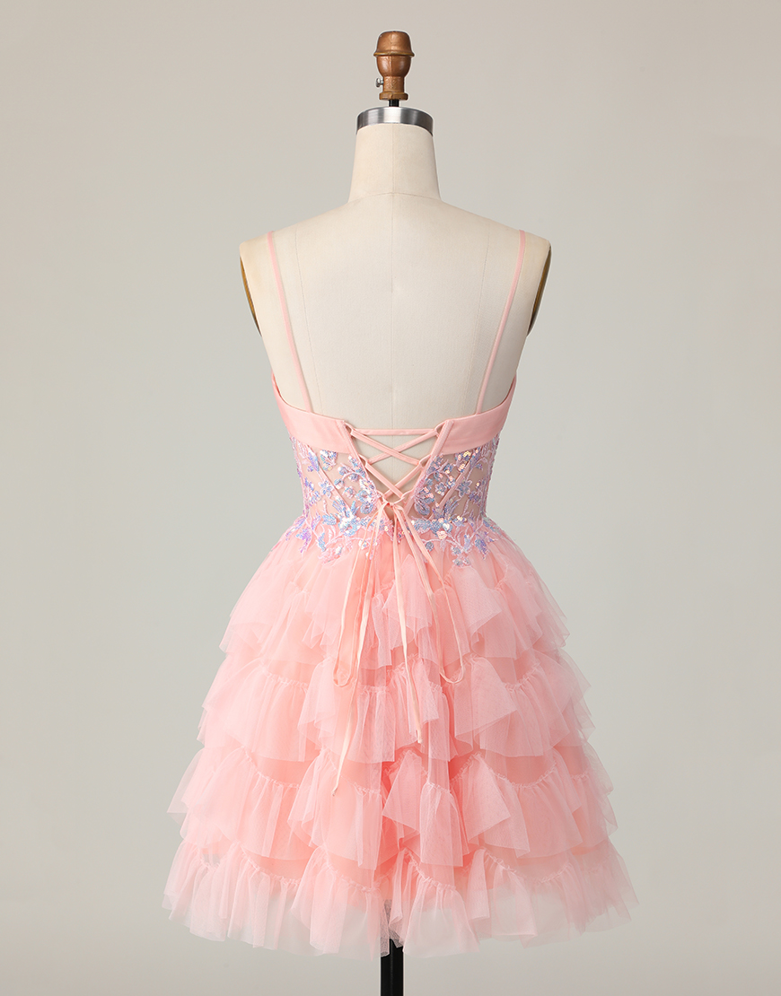 Pink Corset A Line Short Homecoming Dress with Ruffles