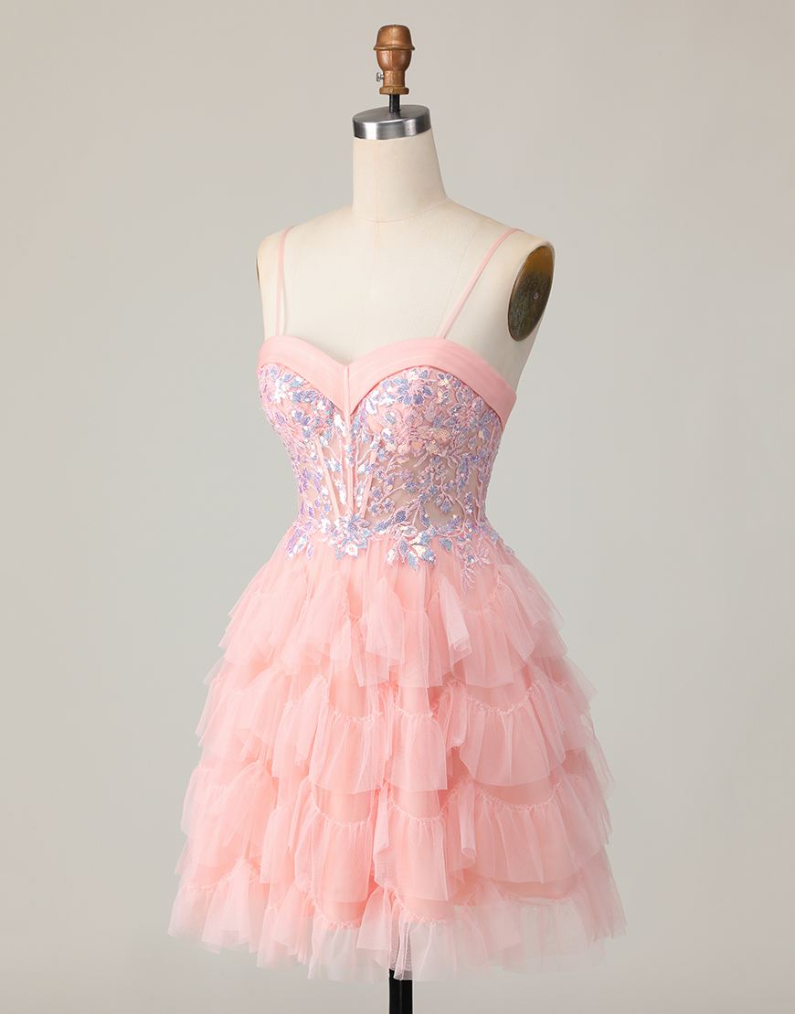 Pink Corset A Line Short Homecoming Dress with Ruffles