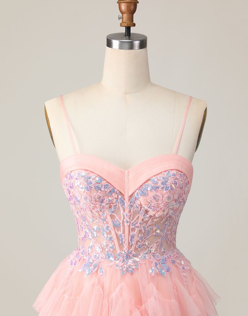 Pink Corset A Line Short Homecoming Dress with Ruffles